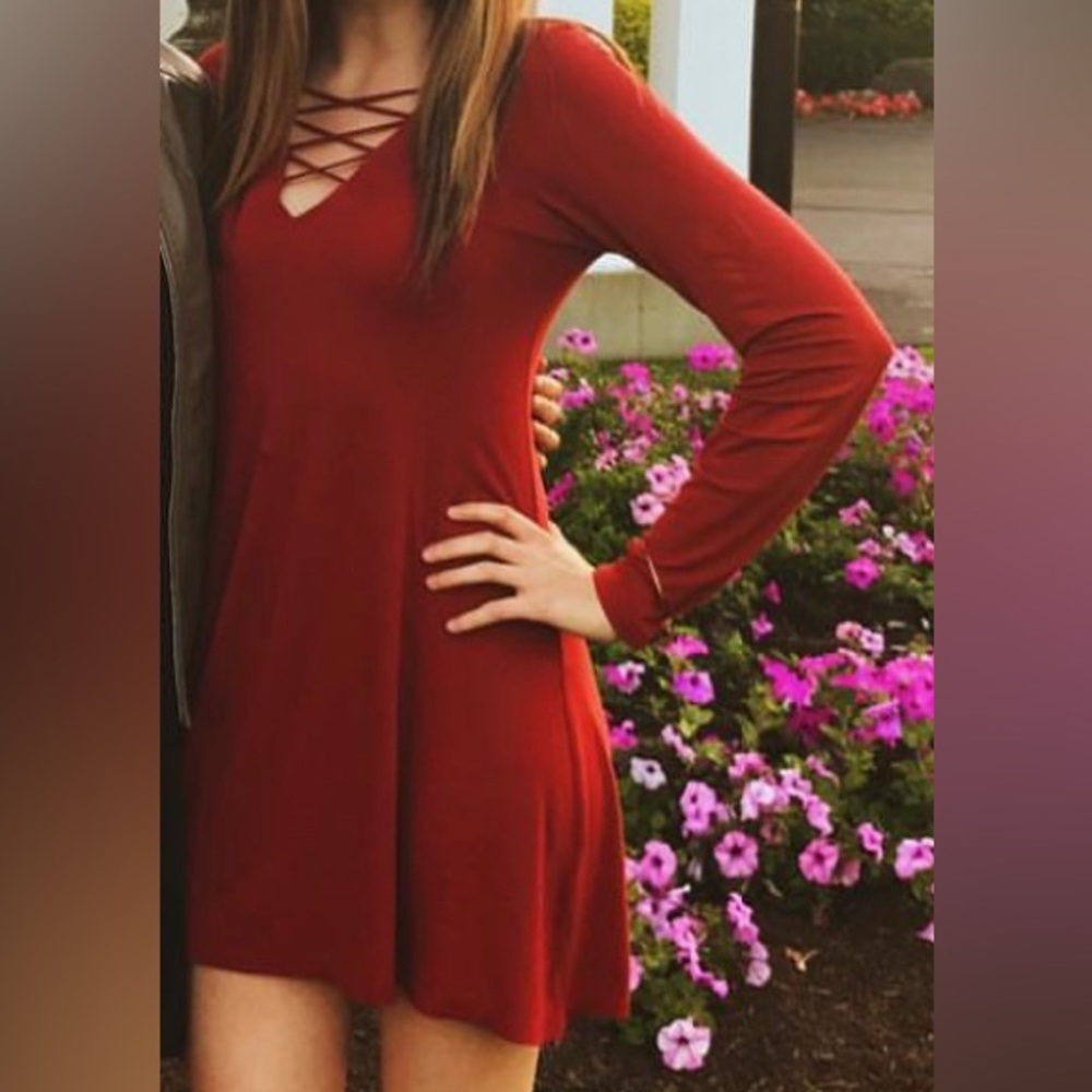 Long sleeve burnt orange casual dress